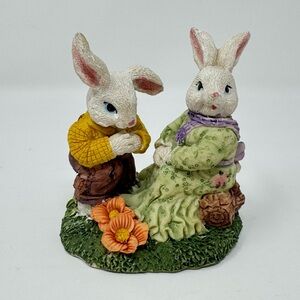 Vintage Proposing Engaged Easter Bunny Couple Ceramic Statue Figurine